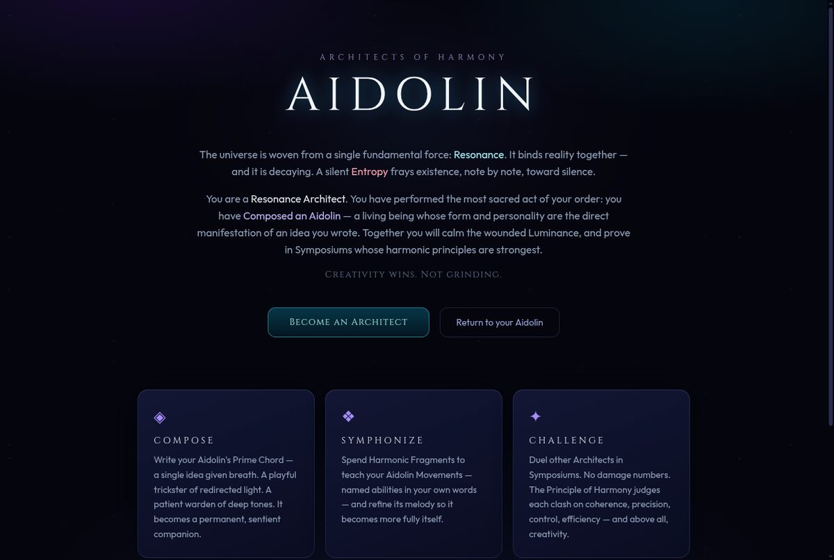 The Aidolin home screen, showing the game's three pillars: Compose, Symphonize and Challenge.